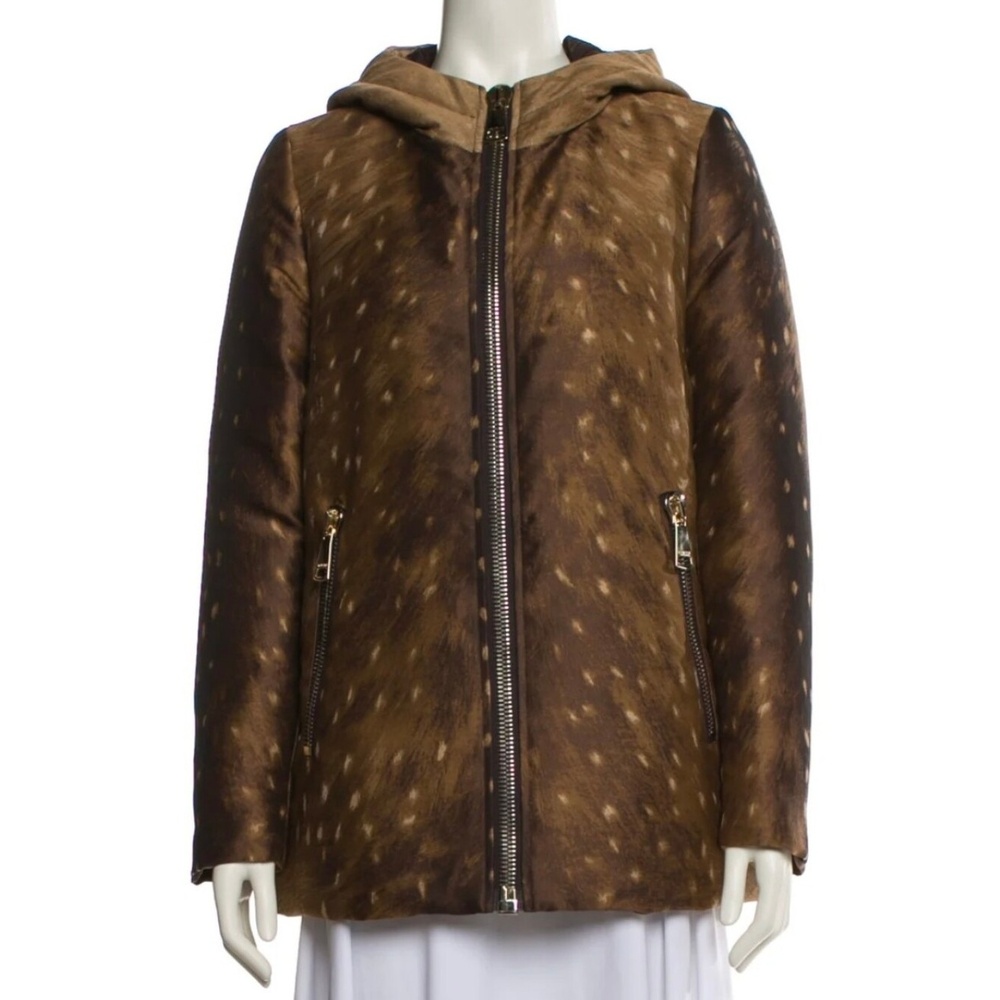 Moncler Women's Hooded Deer Print Brown Faux-Fur Down Filled A-Line Coat Size 3